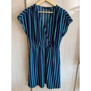 HALOGEN Multi Striped Midi Dress Blue Green‎ Striped V-Neck Womens Medium